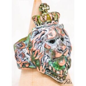 Crown Lion Ring Patina Finish Adjustable King Royal Statement Gift Men Women